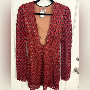 Rumored Red Black Front Plunge Sexy Bodycon geometric Mini Dress M longsleeves